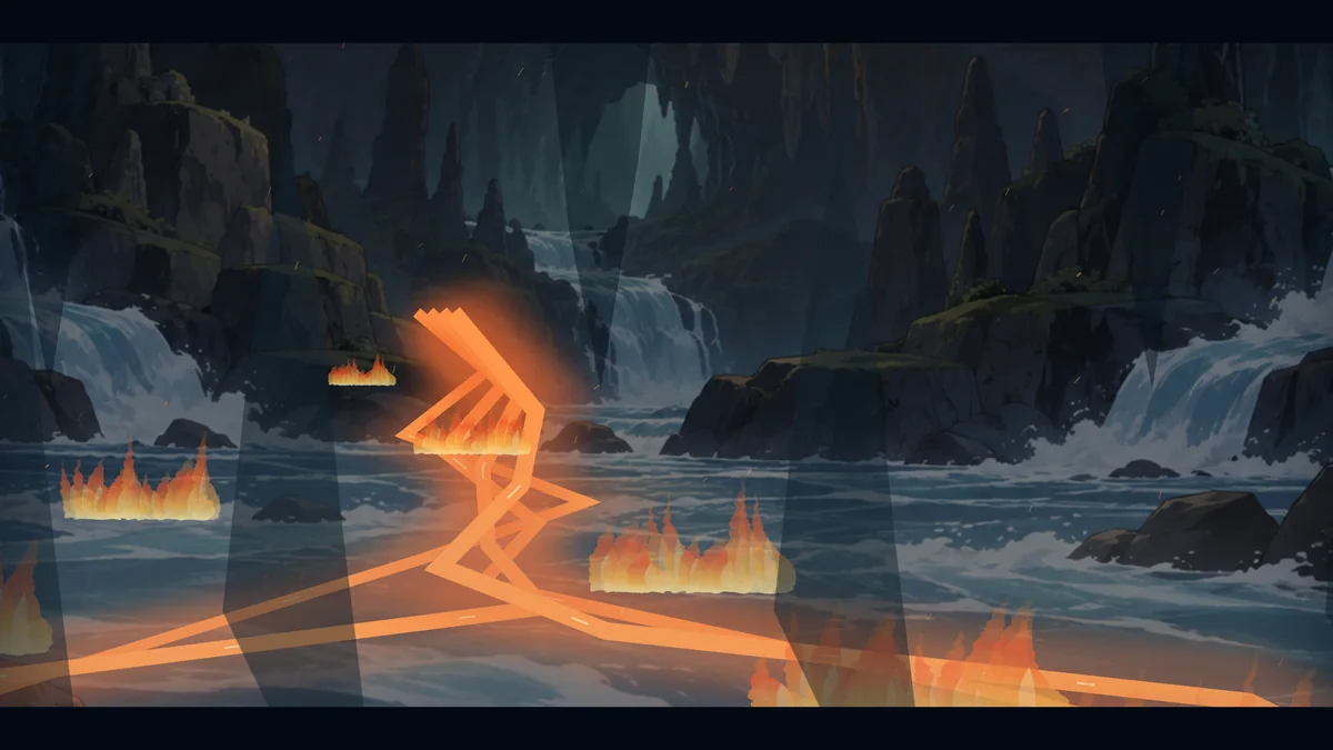Fire spreads beneath rivers and waterfalls.