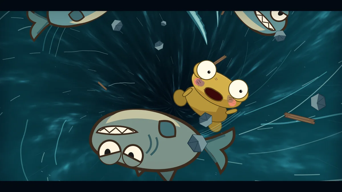 The Fin Brigade spin around Kero inside the whirlpool.