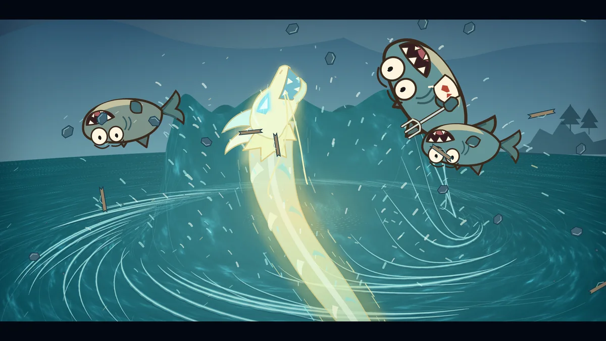 The Fin Brigade are flung into the air, screaming.