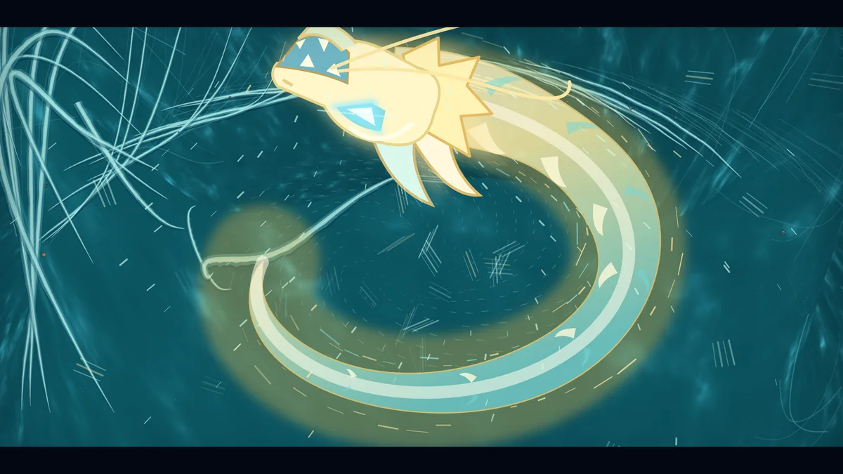 The dragon rips through the whirlpool.
