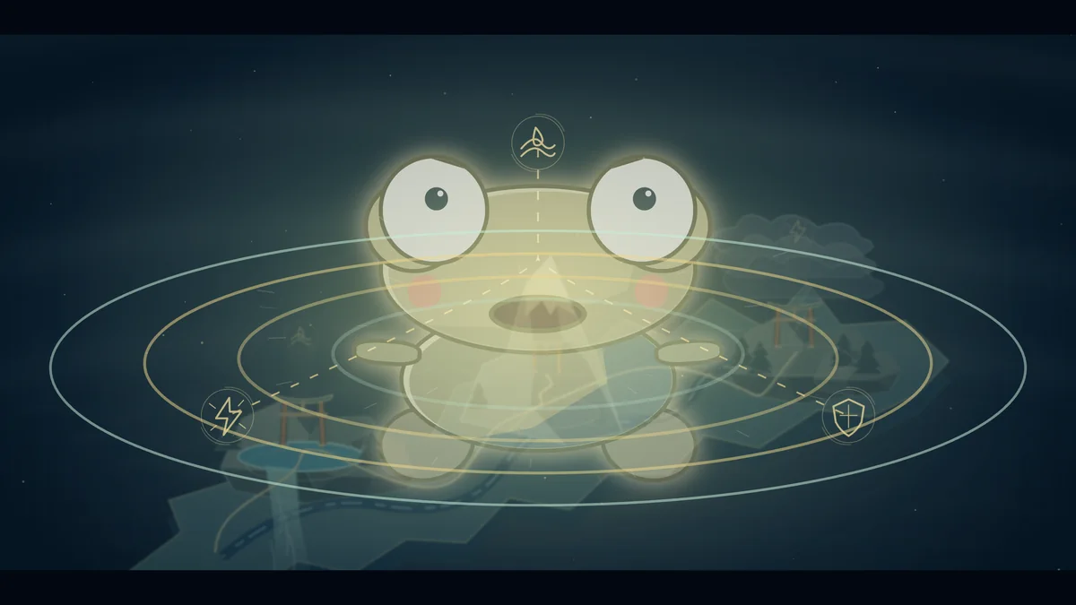 A glowing golden frog appears inside rings of light.