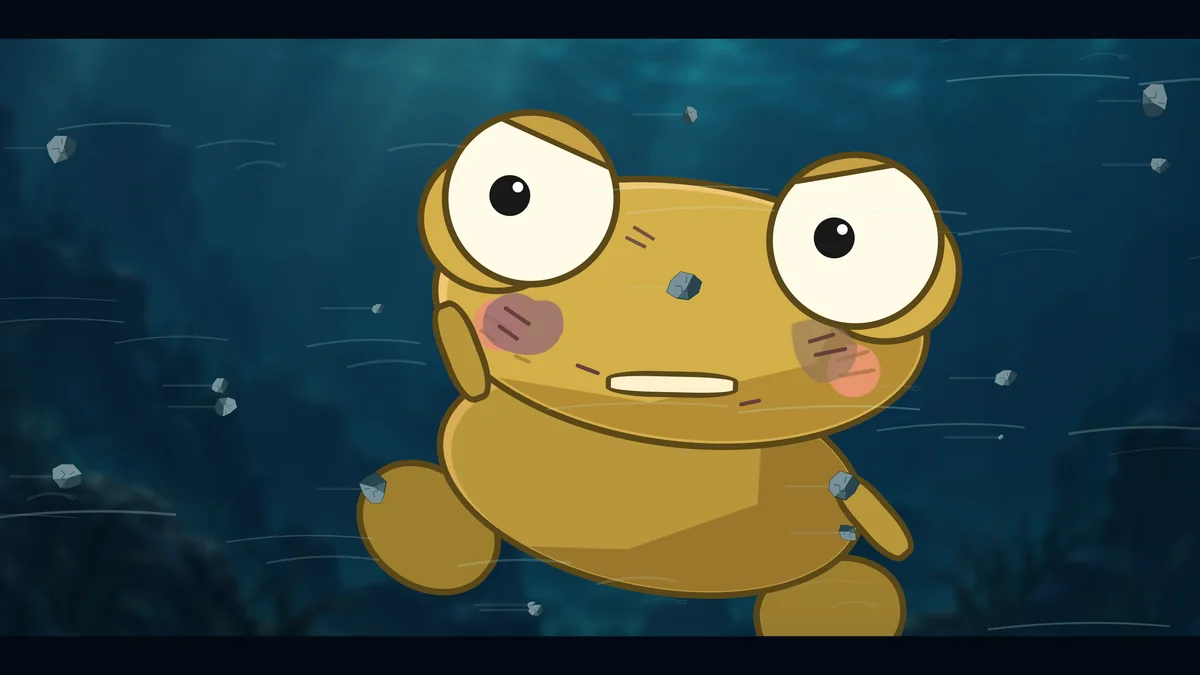 Underwater, Kero tumbles in the current and spots a way out.