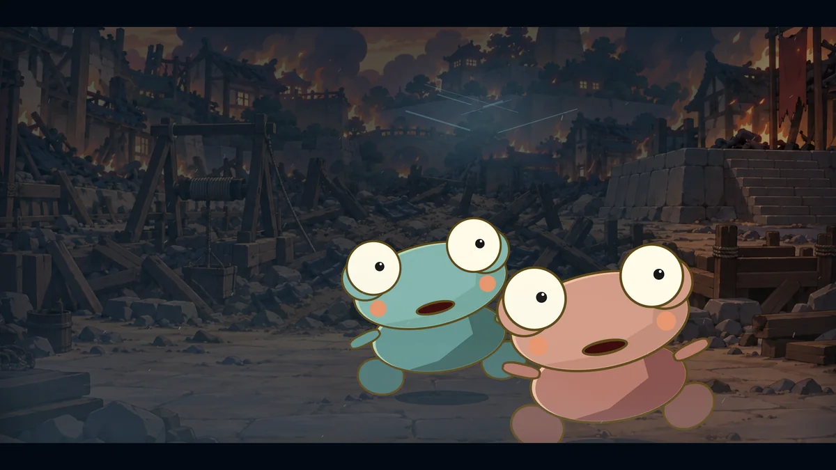 Two frightened villagers stand in the burning streets of Kerotown.