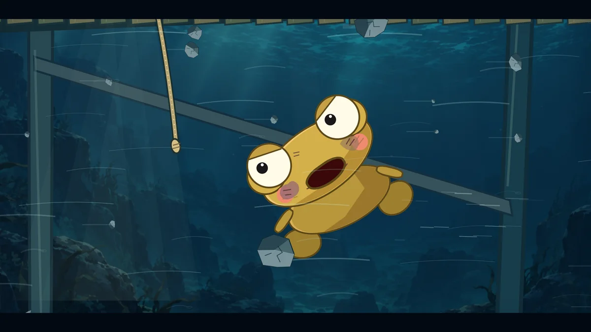 Kero swims hard toward a rope hanging from the pier.