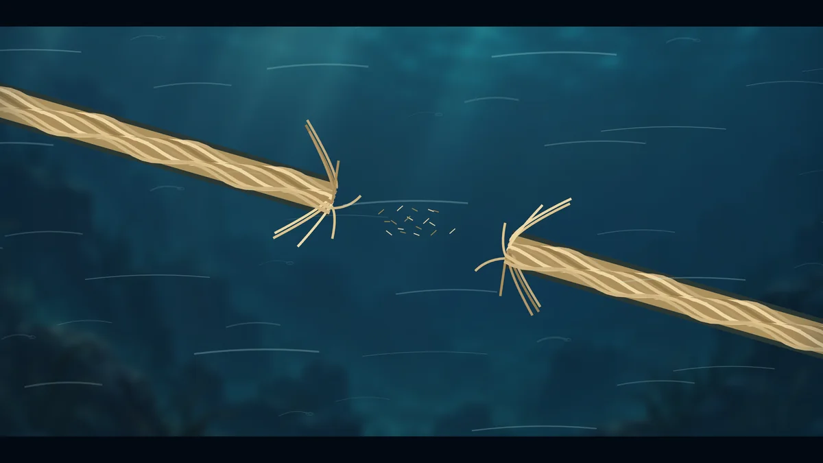 The rope’s fibres fray and snap apart.