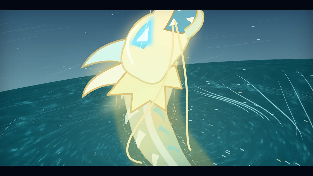 The spirit dragon bursts out of the sea.