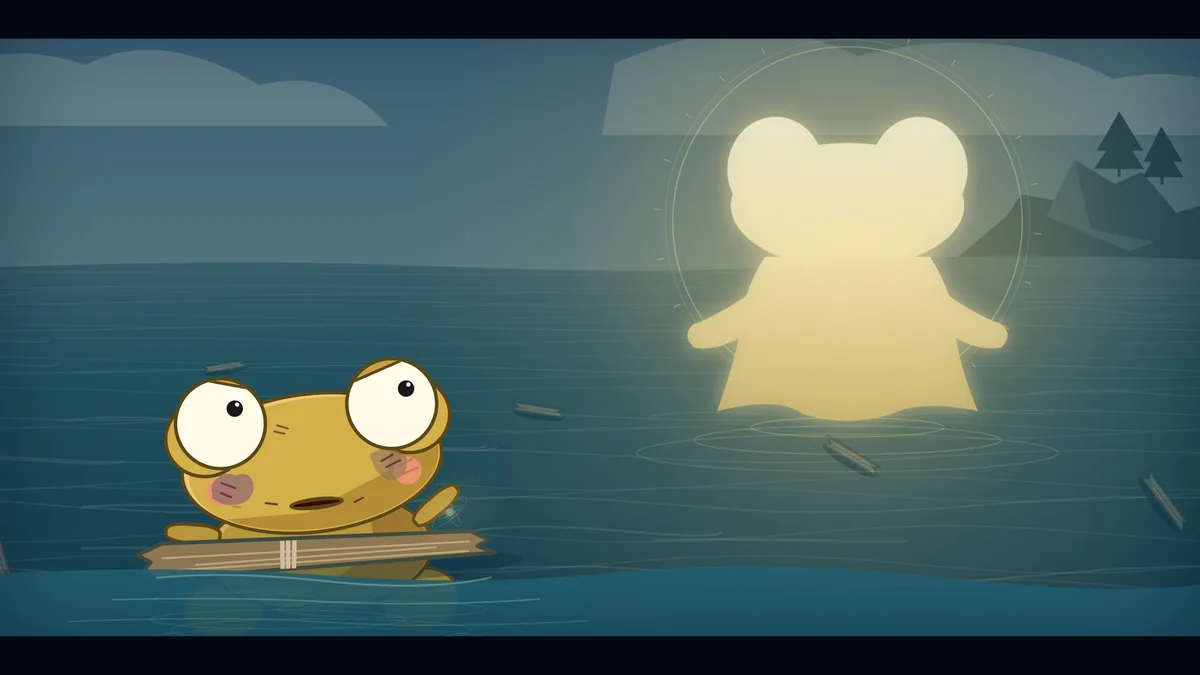 The glowing figure appears above the calm sea.