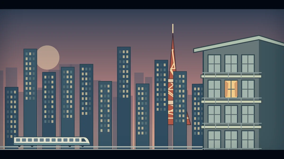 Tokyo’s skyline at dusk, with a train crossing below.