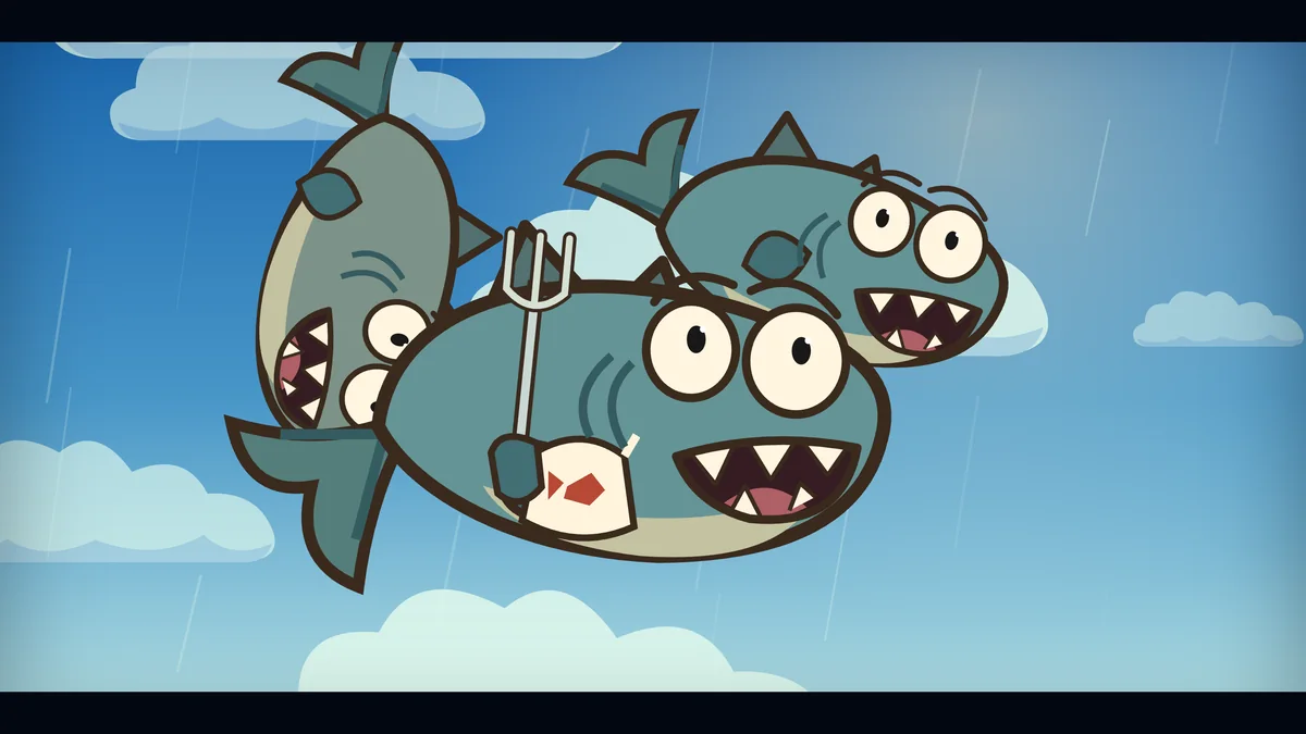 The three fish tumble through the sky, screaming.