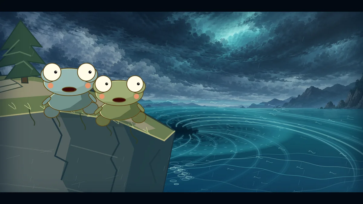 On the cliff above, two frog villagers watch the swirling sea.