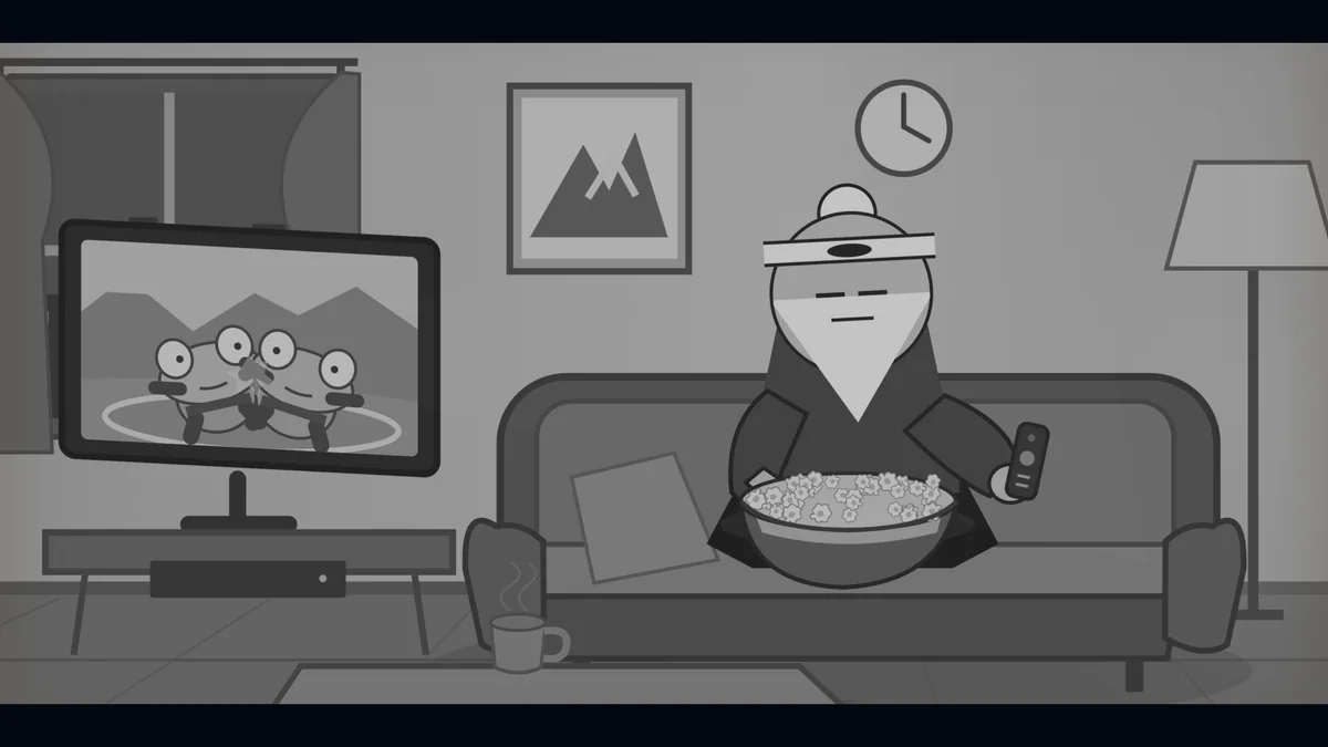 The room fades to grey as Sensei waits on his couch.