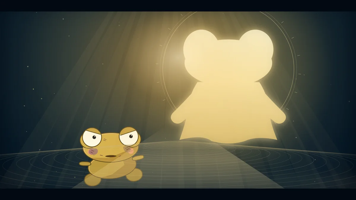 A glowing figure appears before a small, startled Kero in the dark.