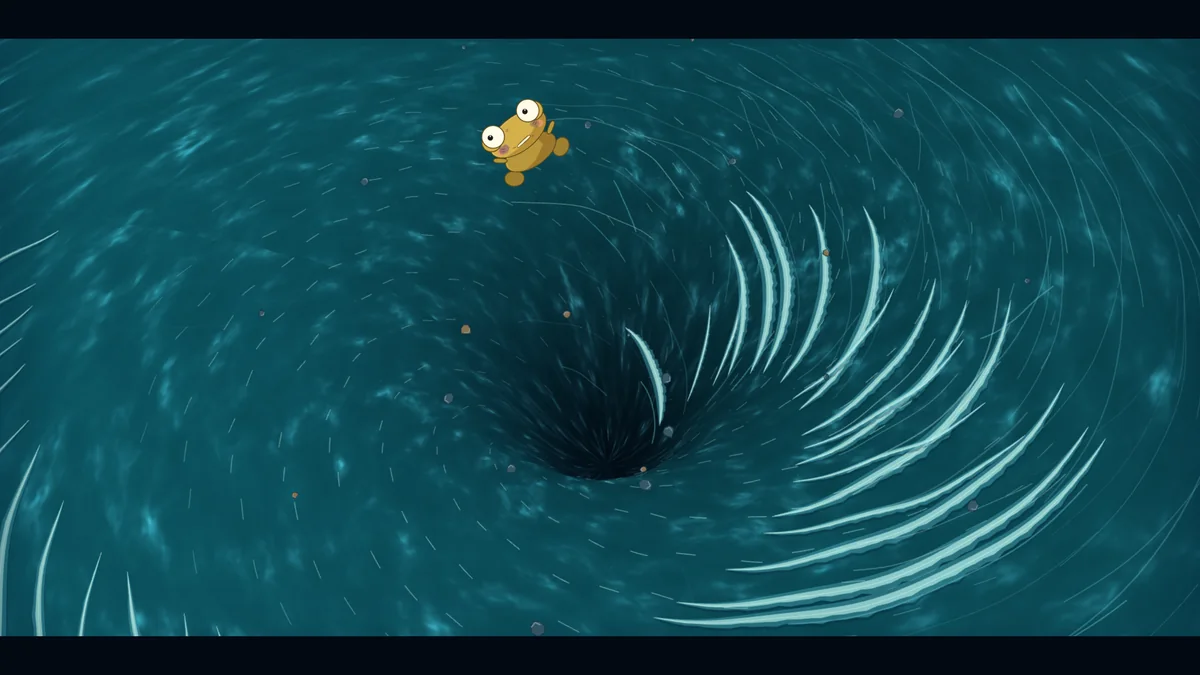 Tiny Kero spins above a huge whirlpool.
