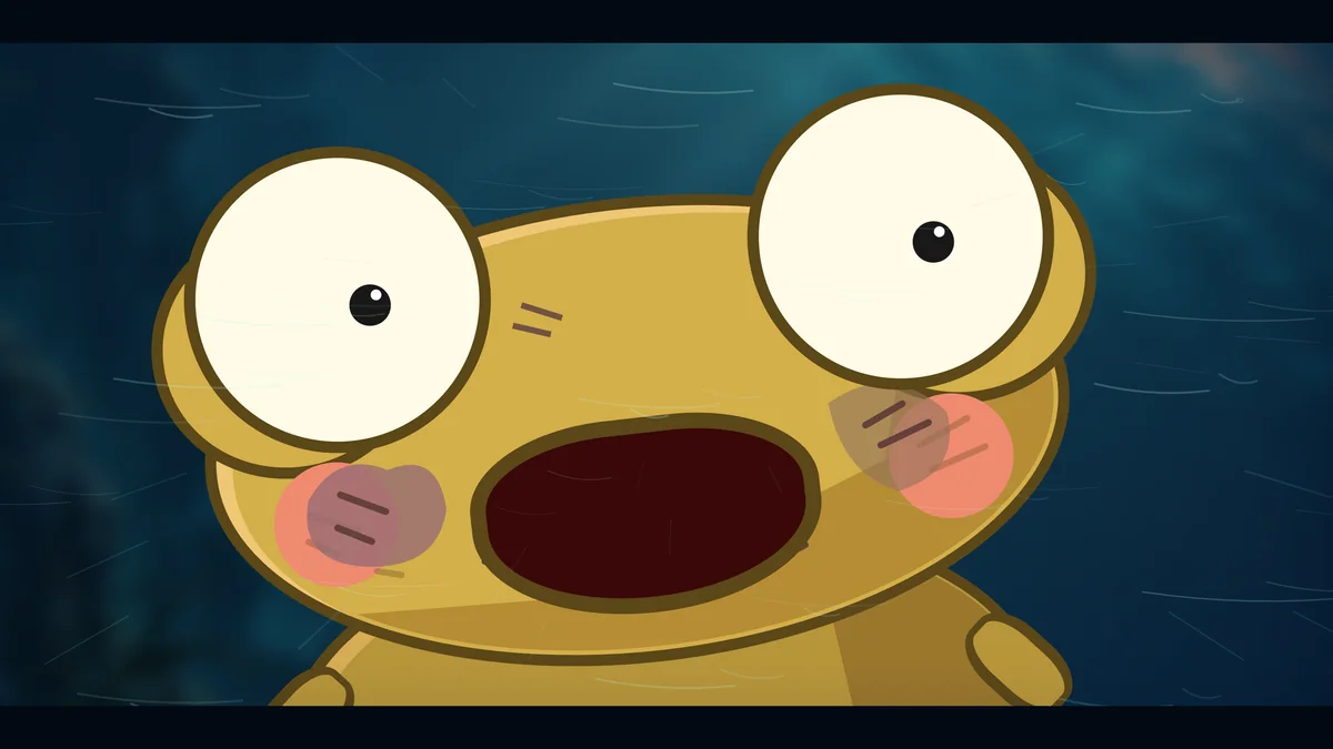 Kero screams as the current drags him down.