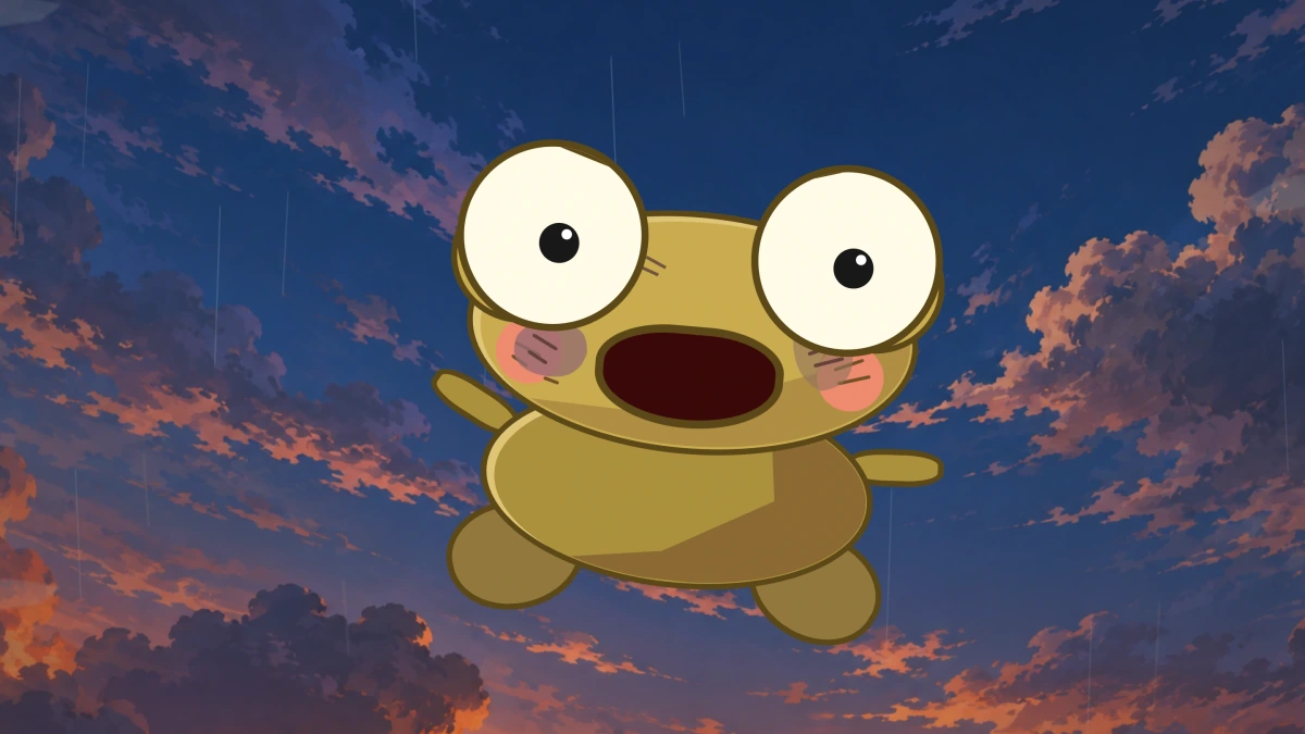Kero falls from the stone ledge toward the water.