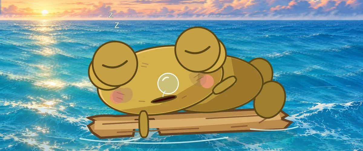 Kero sleeps on a piece of driftwood at sunrise.