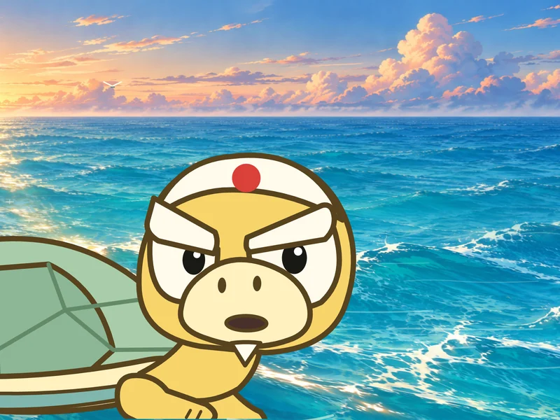 Kame turns his shell toward Kero.