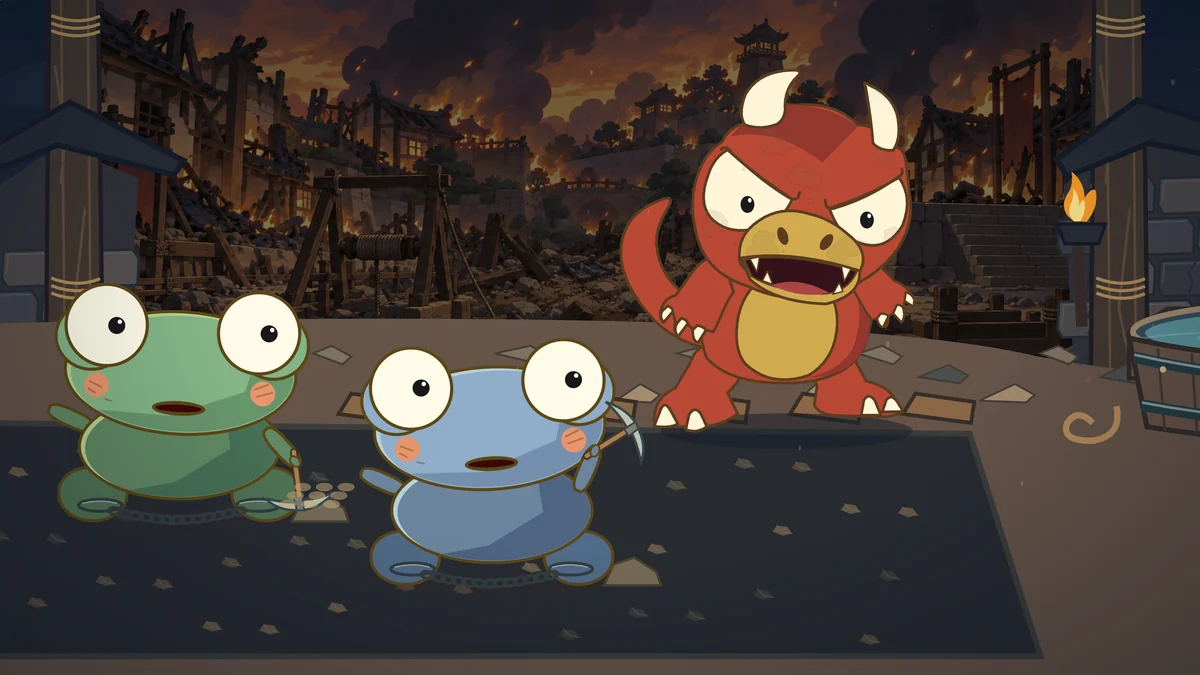 Goro shouts at two frightened villagers digging in the ruins.