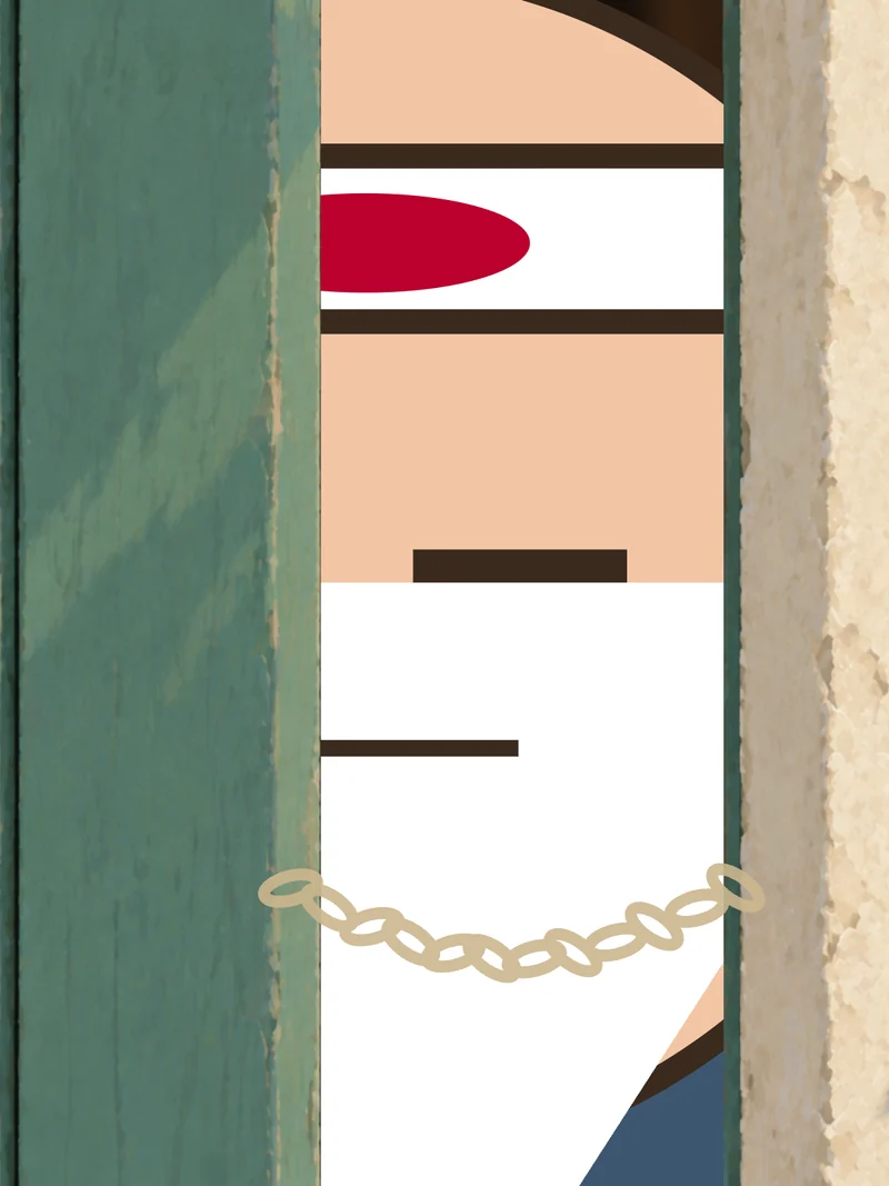 The door opens a crack on its chain. Sensei peers out.