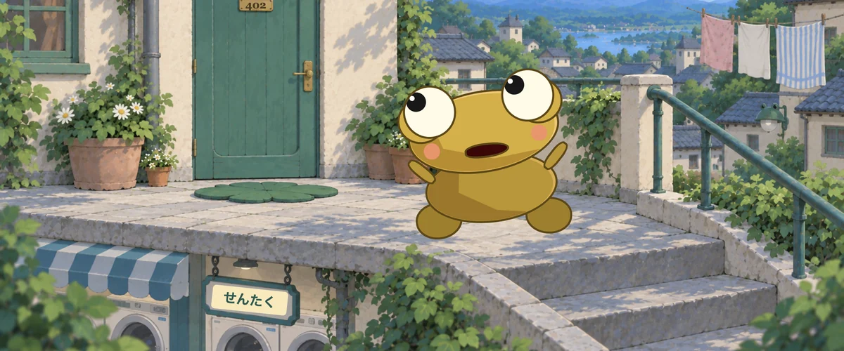 Kero hops up the steps to the green door of Flat 402.