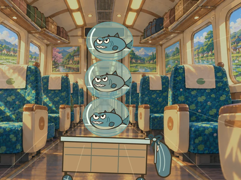 The disguise falls away: three fish in bubble helmets, stacked on the trolley.
