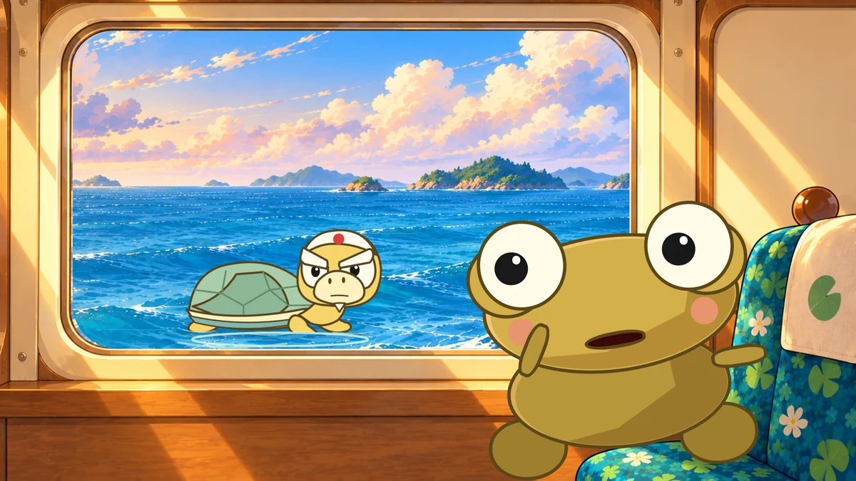 From the train window, Kero waves goodbye to Kame in the sea.
