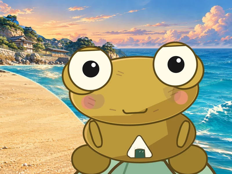 Kero holds up his rice ball, ready for a big bite.