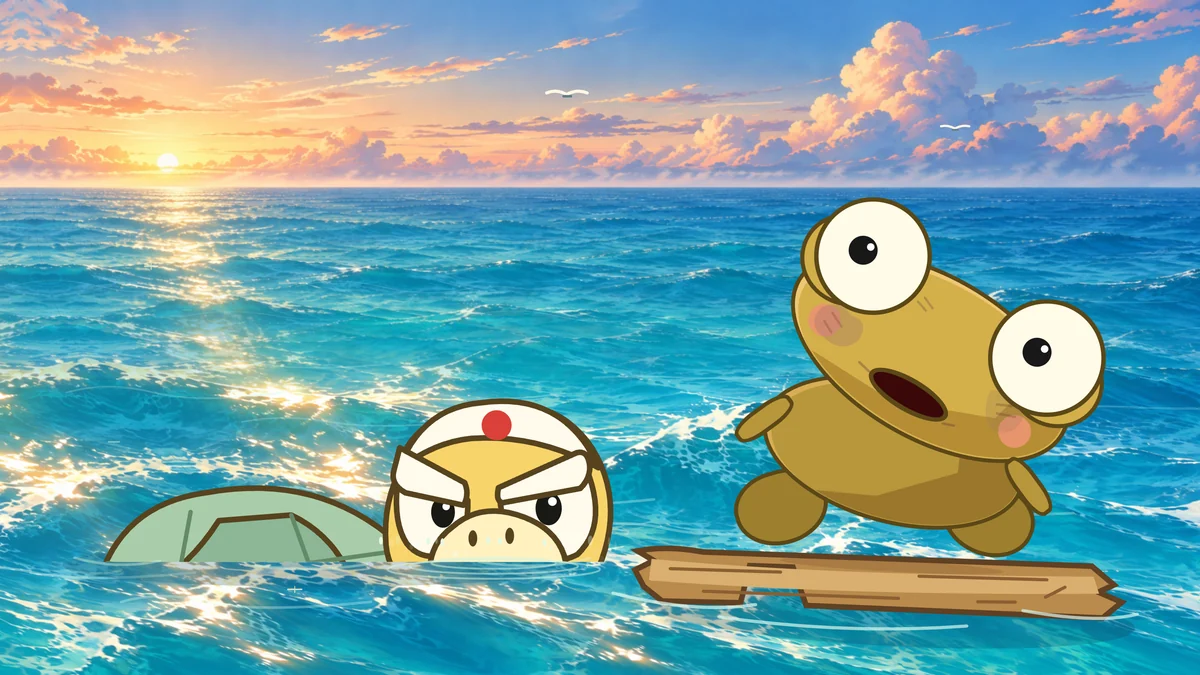 An old turtle surfaces beside Kero’s driftwood.
