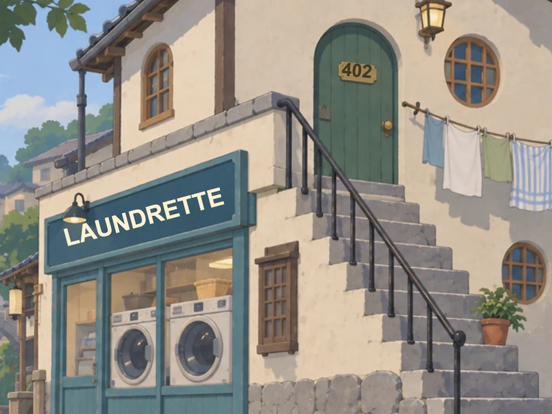 A laundrette with a green door marked 402 at the top of the stairs.
