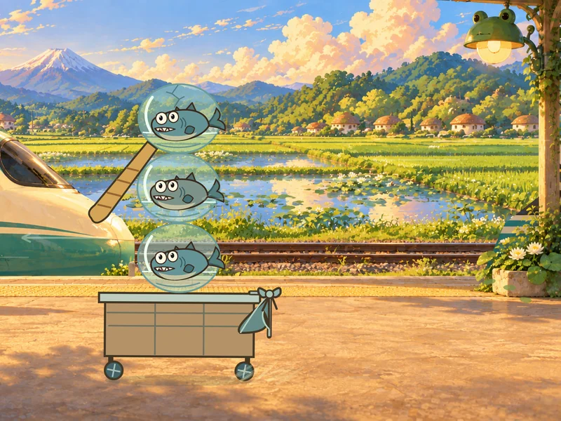 The fish are left on the platform as the train pulls away.