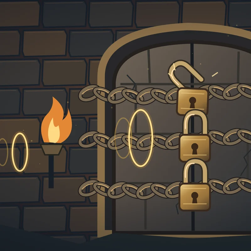 Golden rings of sound spring a padlock open on a chained door.