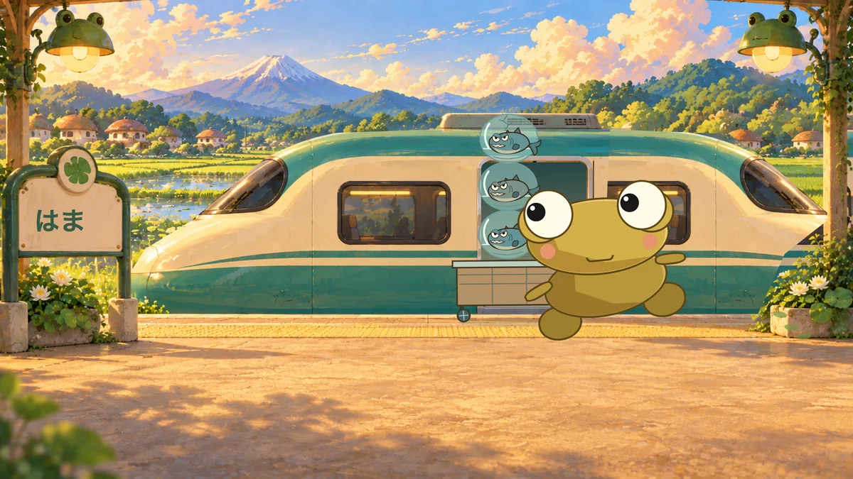 At the station Kero steps out onto the platform, and the fish trolley rolls out after him.