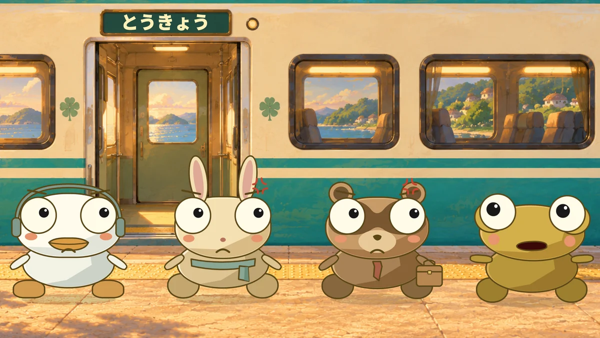 Kero shouts at the commuters lined up by the open train door.
