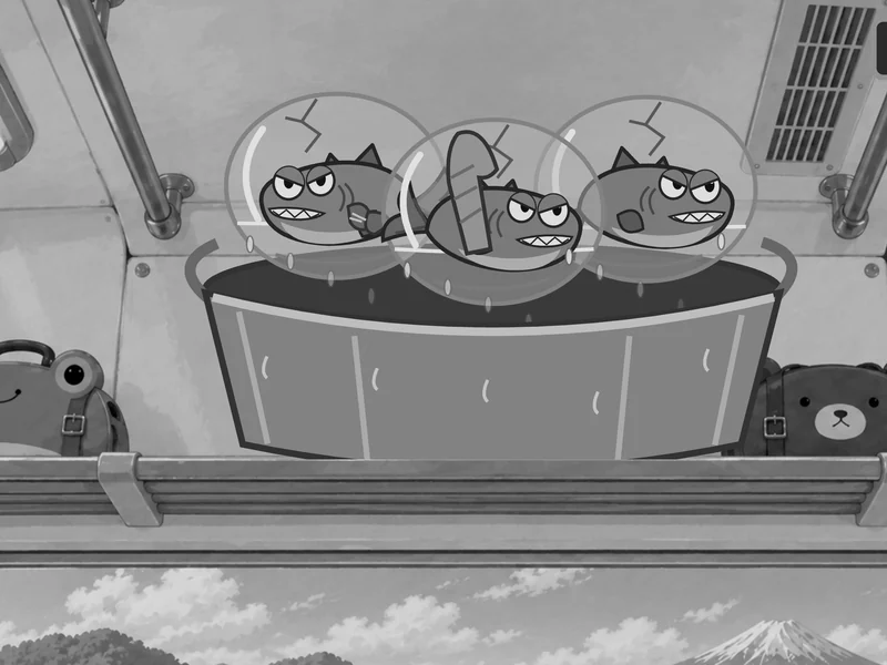The Fin Brigade ride a tub on a luggage rack.