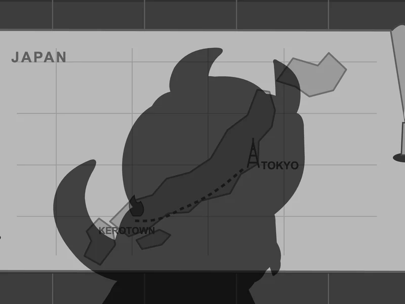 Goro’s shadow falls across a map of Japan.