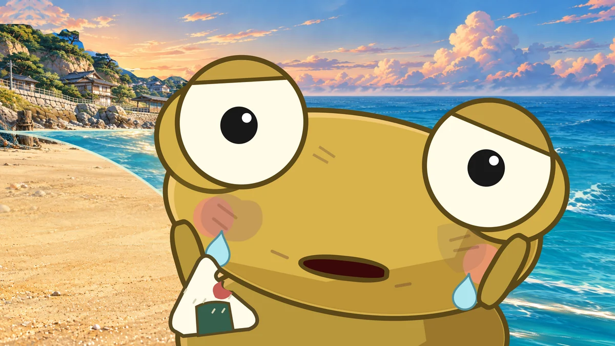 Kero sniffles, eyes watering, rice ball in hand.