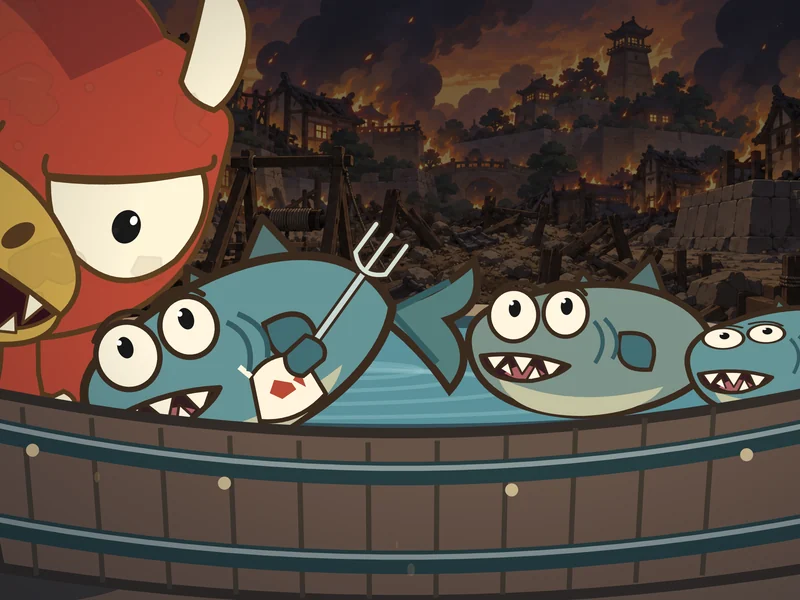 The Fin Brigade salute from the tub as Goro looks on.