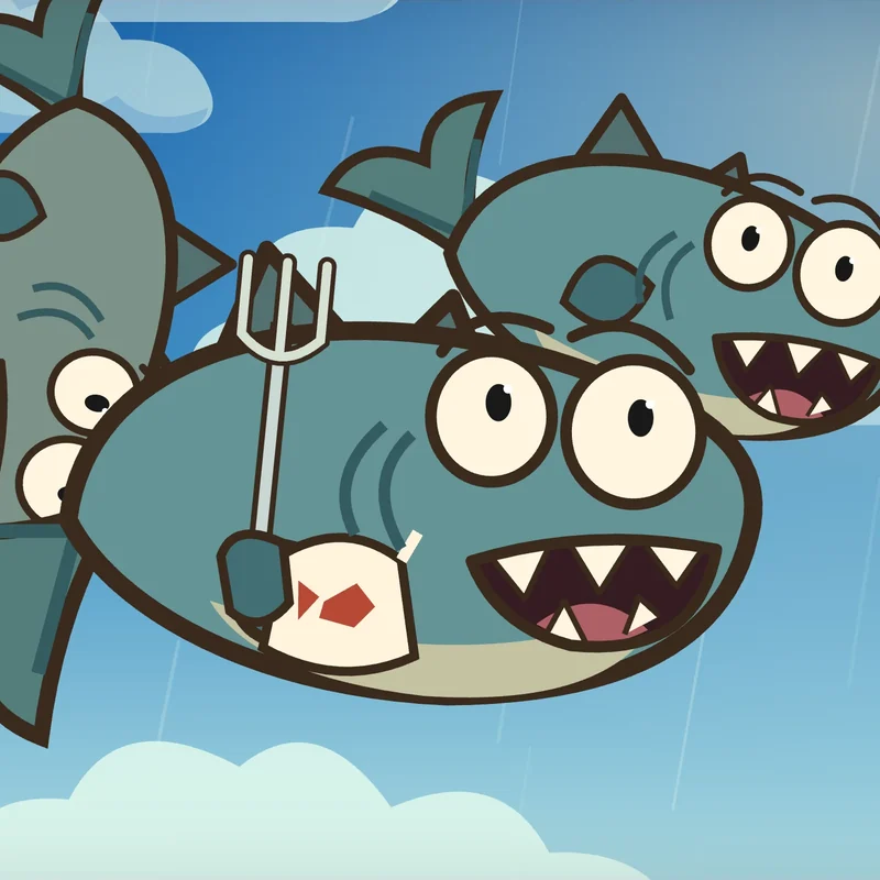 The three fish tumble through the sky.
