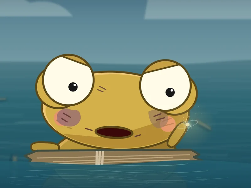 Kero floats on a plank, frowning.