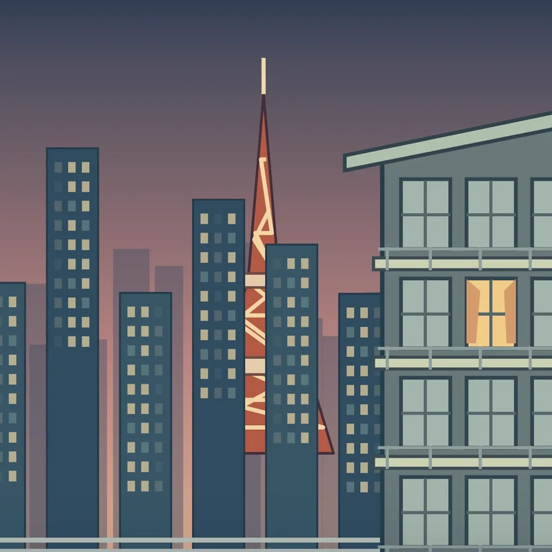 Tokyo Tower rises above the city at dusk.