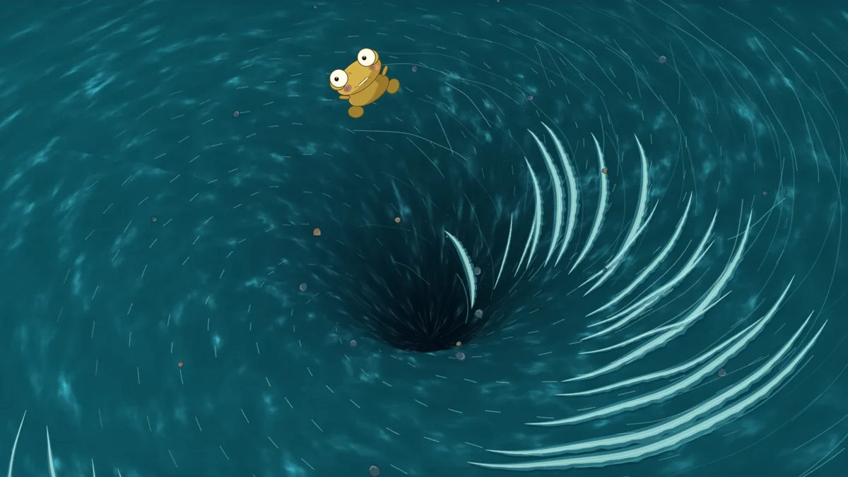 Tiny Kero spins toward the dark centre of a huge whirlpool.