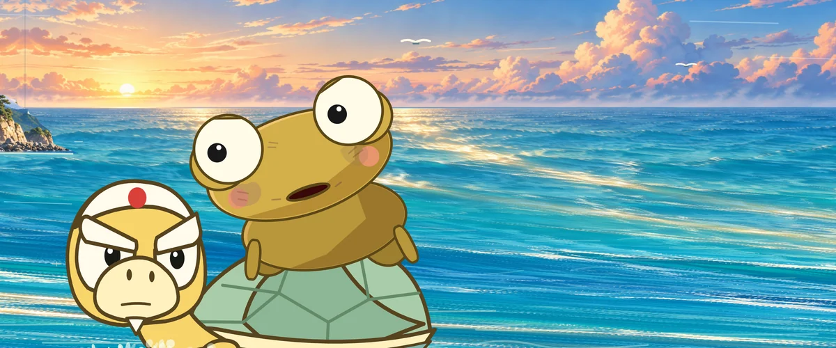 Kero rides on Kame’s shell across the waves.