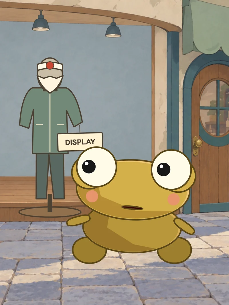 Kero peers up at a figure in a shop window.