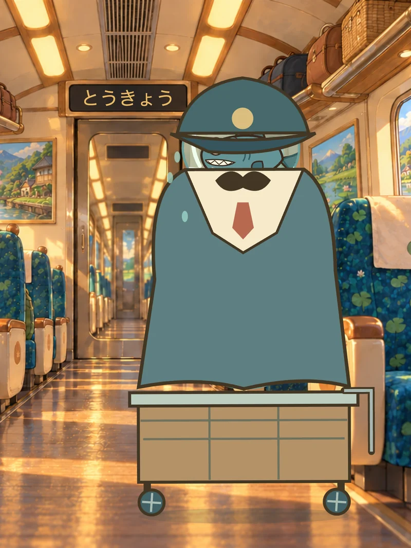 A very tall conductor pushes a snack trolley down the aisle.