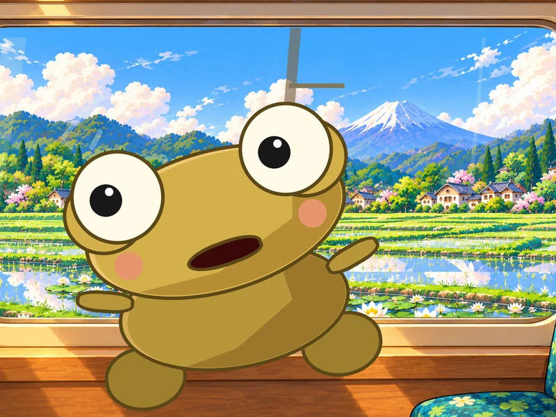 Kero presses against the window as rice fields fly past.