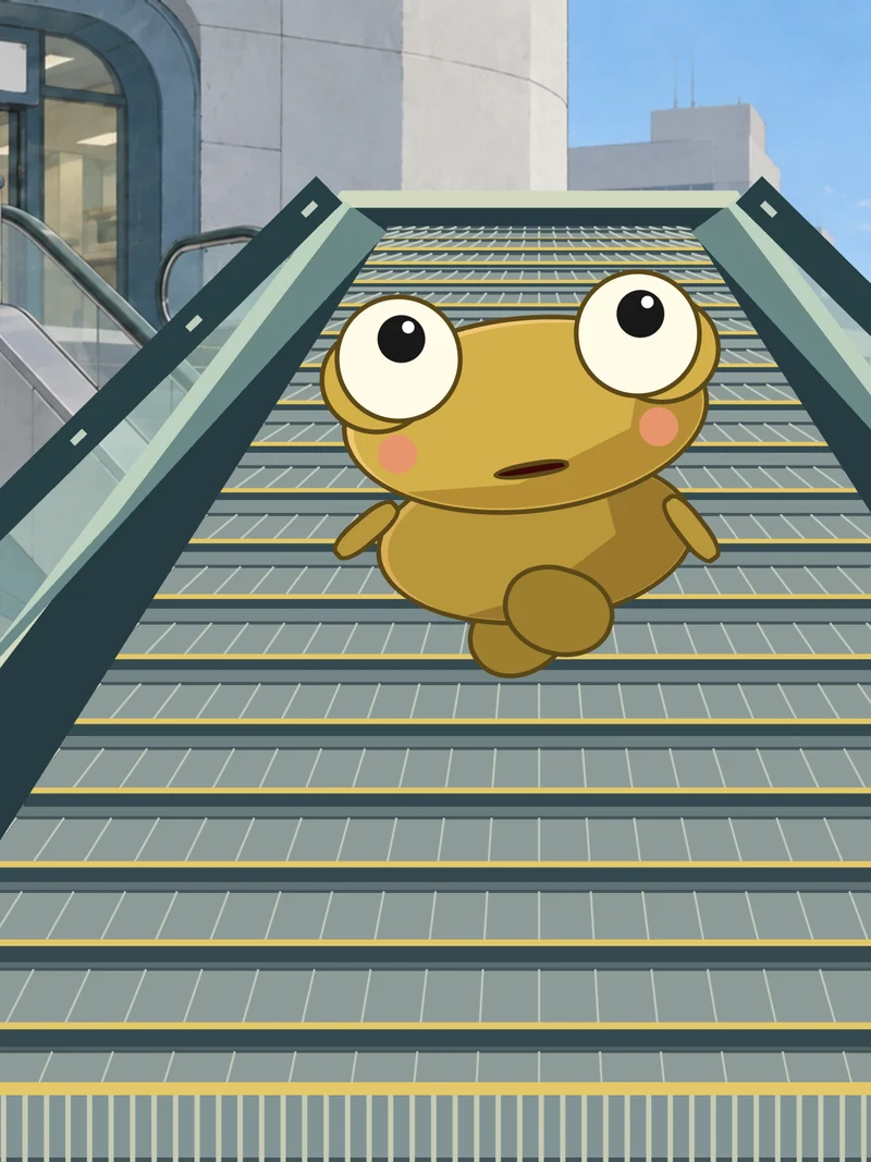 Kero hurries down a long flight of station stairs.
