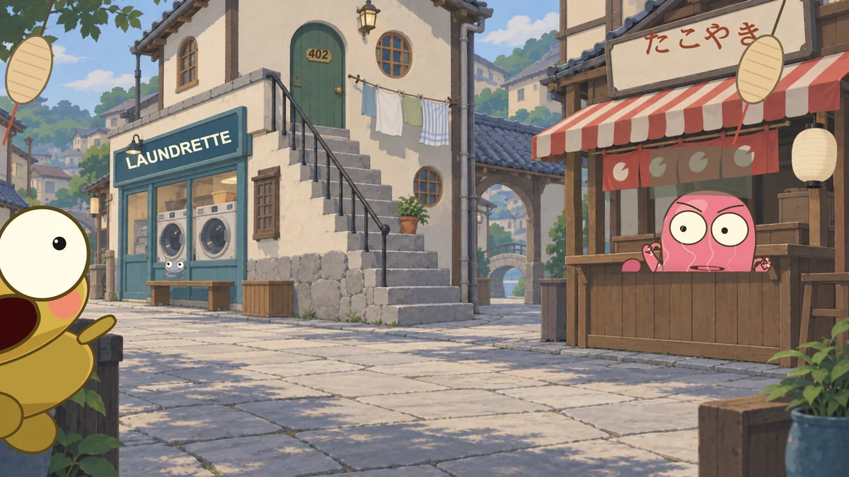 Up the street, an octopus chef peeks out of his takoyaki stall.