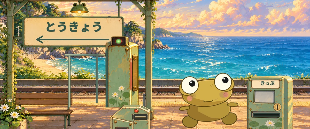 Kero hops into a seaside station as an express train rushes past.
