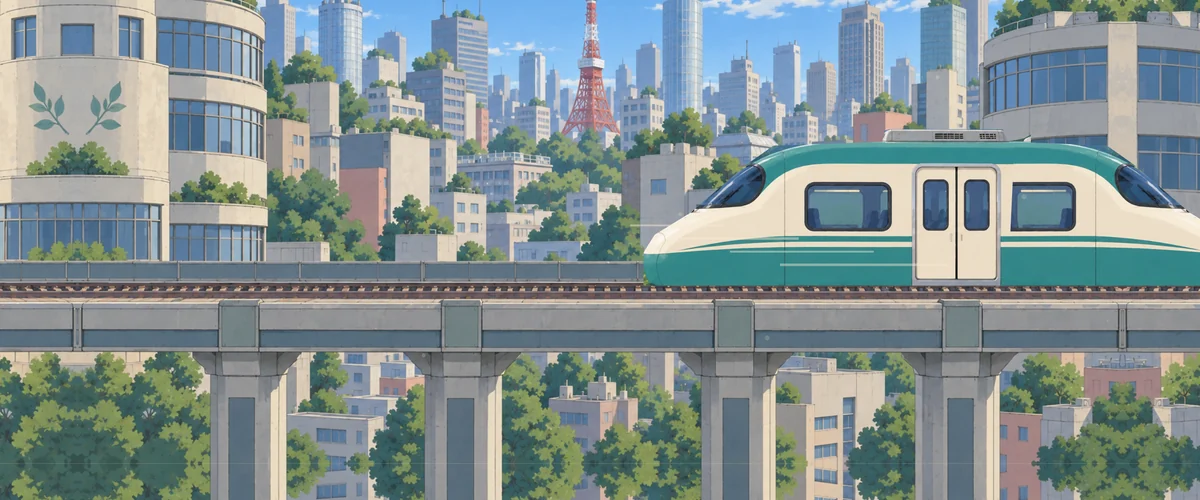 The bullet train glides into Tokyo past Tokyo Tower.