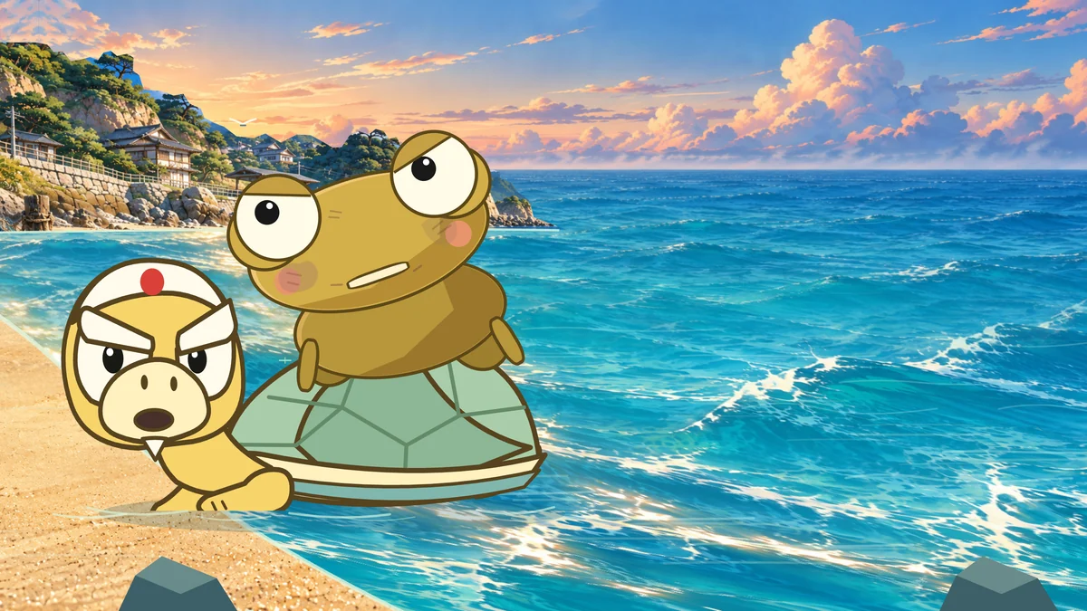Kame carries Kero to a sandy shore below the cliffs.